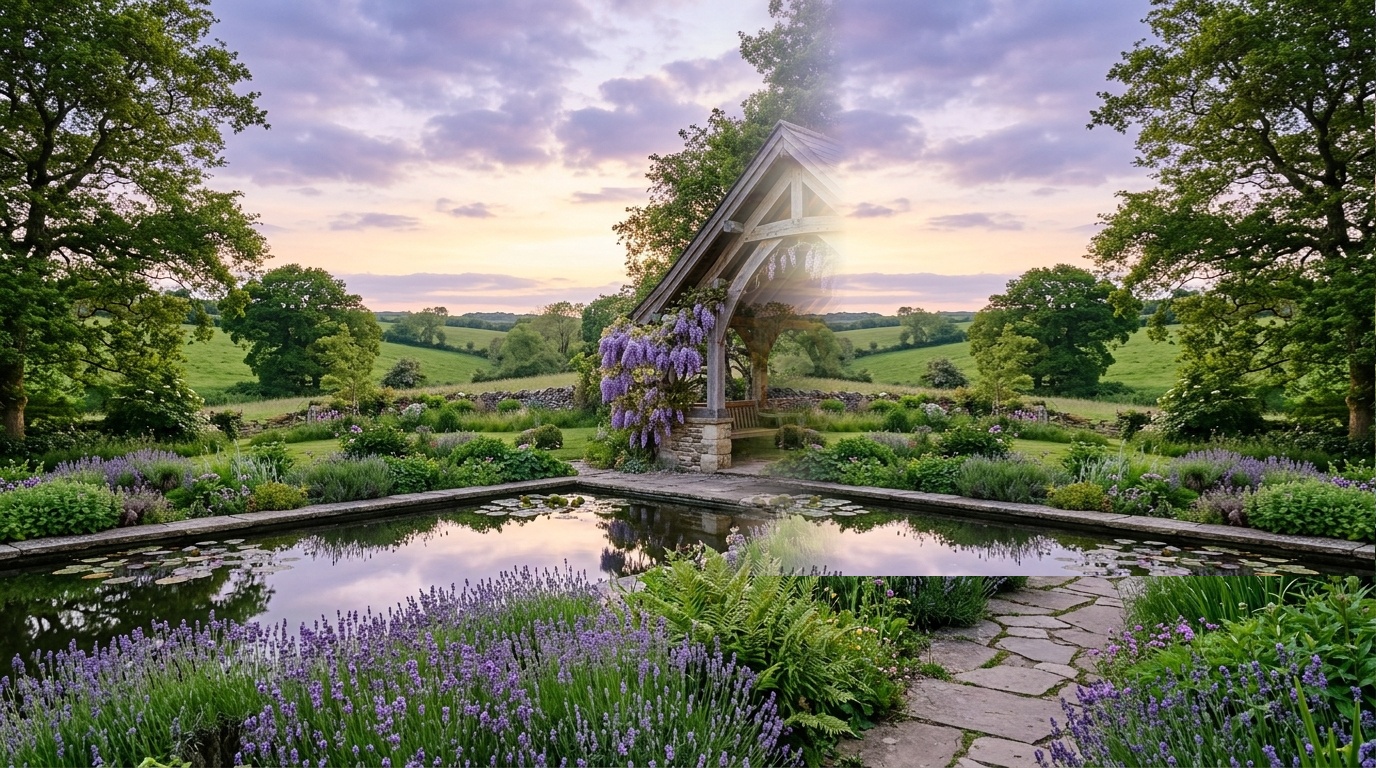 Tranquil Outdoor Pastoral Pavilion and Loyal German Shepherd Companion